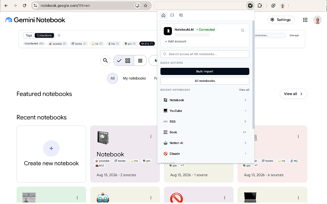 NotebookPlus Chrome extension importing a webpage into Google NotebookLM (Gemini Notebook™)